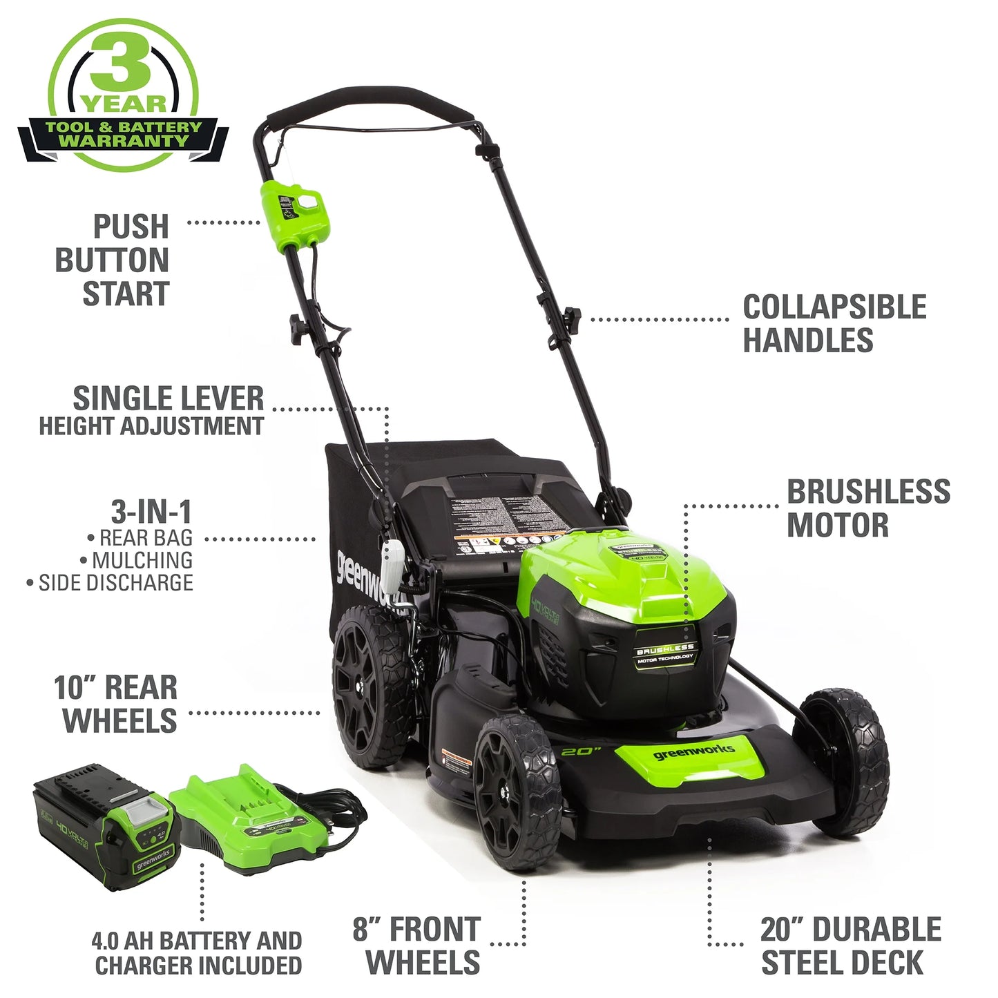 Greenworks 40V 20" Brushless Push Lawn Mower with 4.0 Ah Battery & Quick Charger 2516302VT